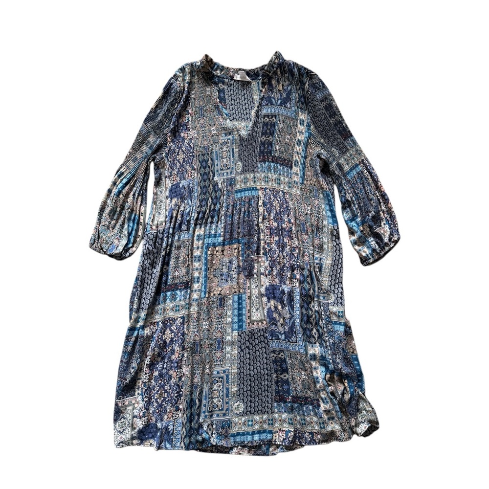 Boho Blue Patchwork Long Sleeve Peasant Dress Size 1X